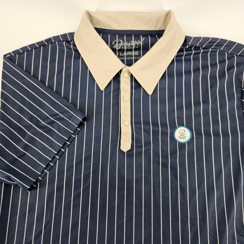 Barstool Golf Mens Large Navy White Striped Performance Polo Shirt Snap Button